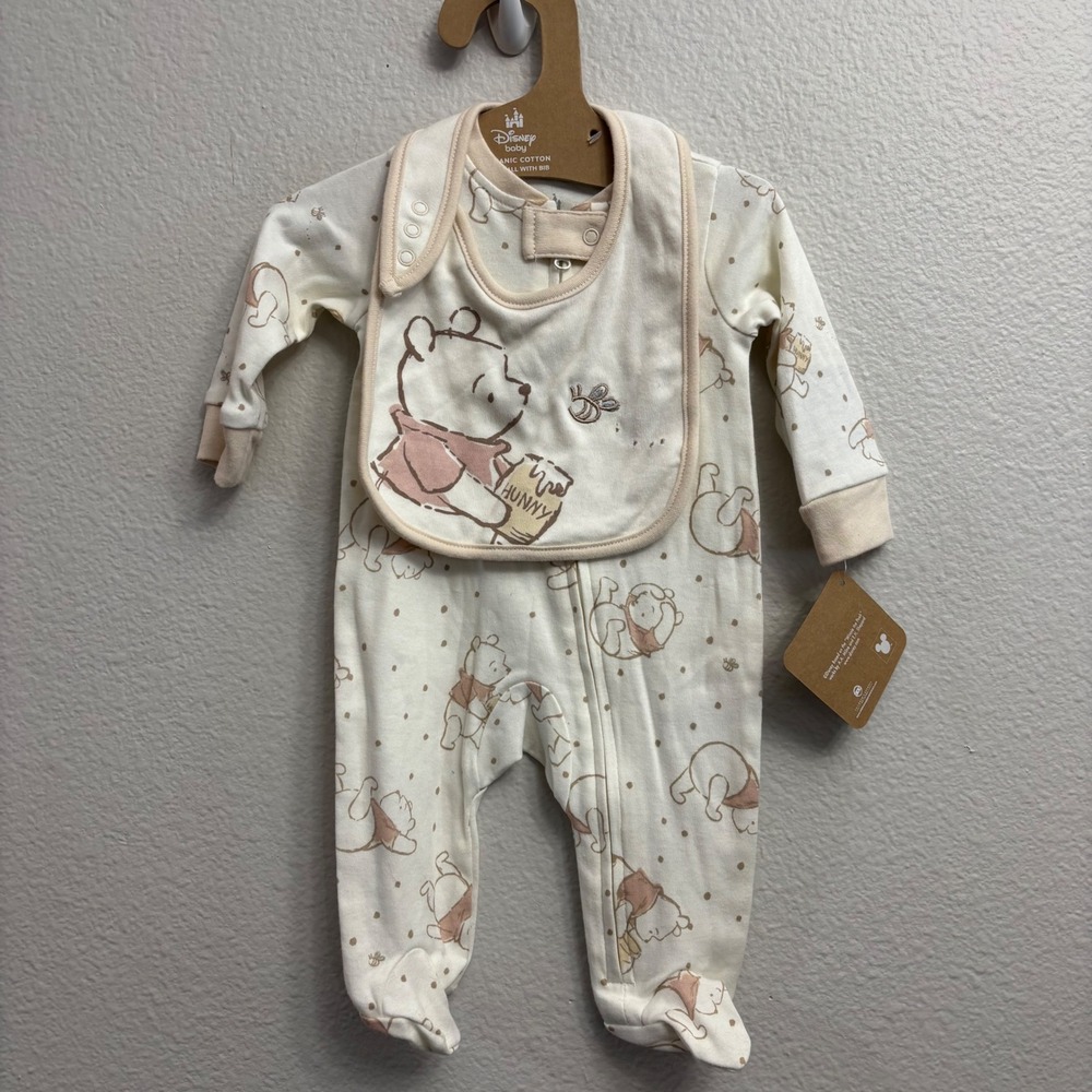 Disney Baby Kids 0-3M Cream Pooh Coverall New Organic Cotton Footed Bib Set